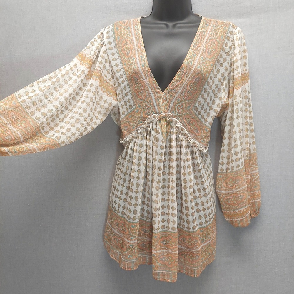 Boho V-Neck Peasant Blouse in Cream and Rust